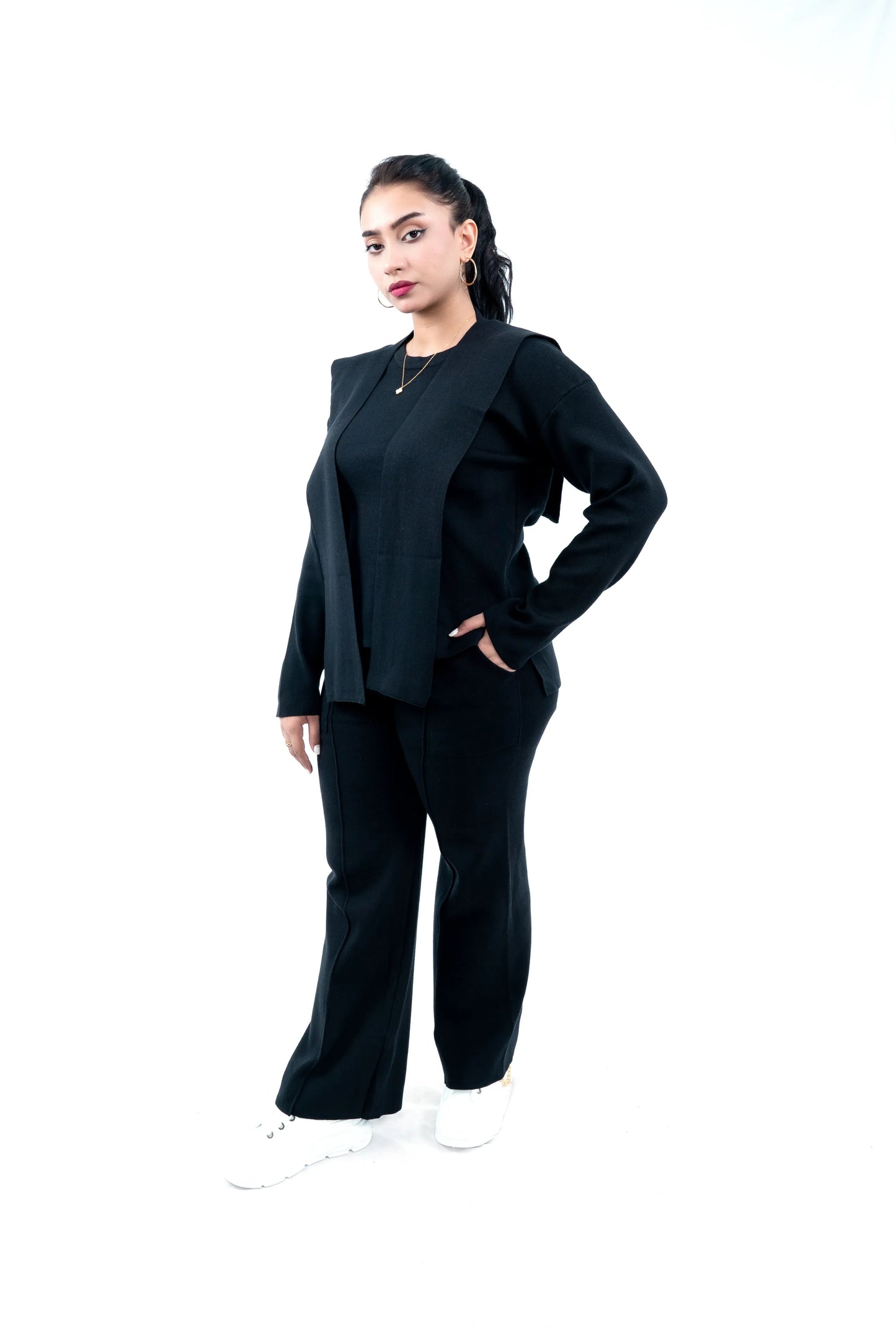 Women's All-Black Layered Vest, Top, and Pant Set