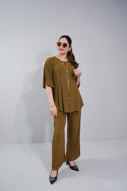 Olive Green Co-ord Set with Subtle Print
