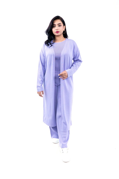 Women's Lilac Long Cardigan, Knit Top, and Pant Set