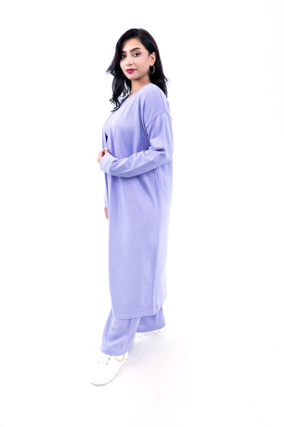 Women's Lilac Long Cardigan, Knit Top, and Pant Set