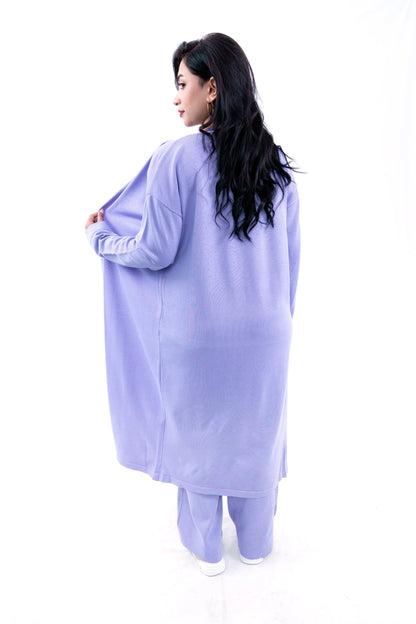 Women's Lilac Long Cardigan, Knit Top, and Pant Set