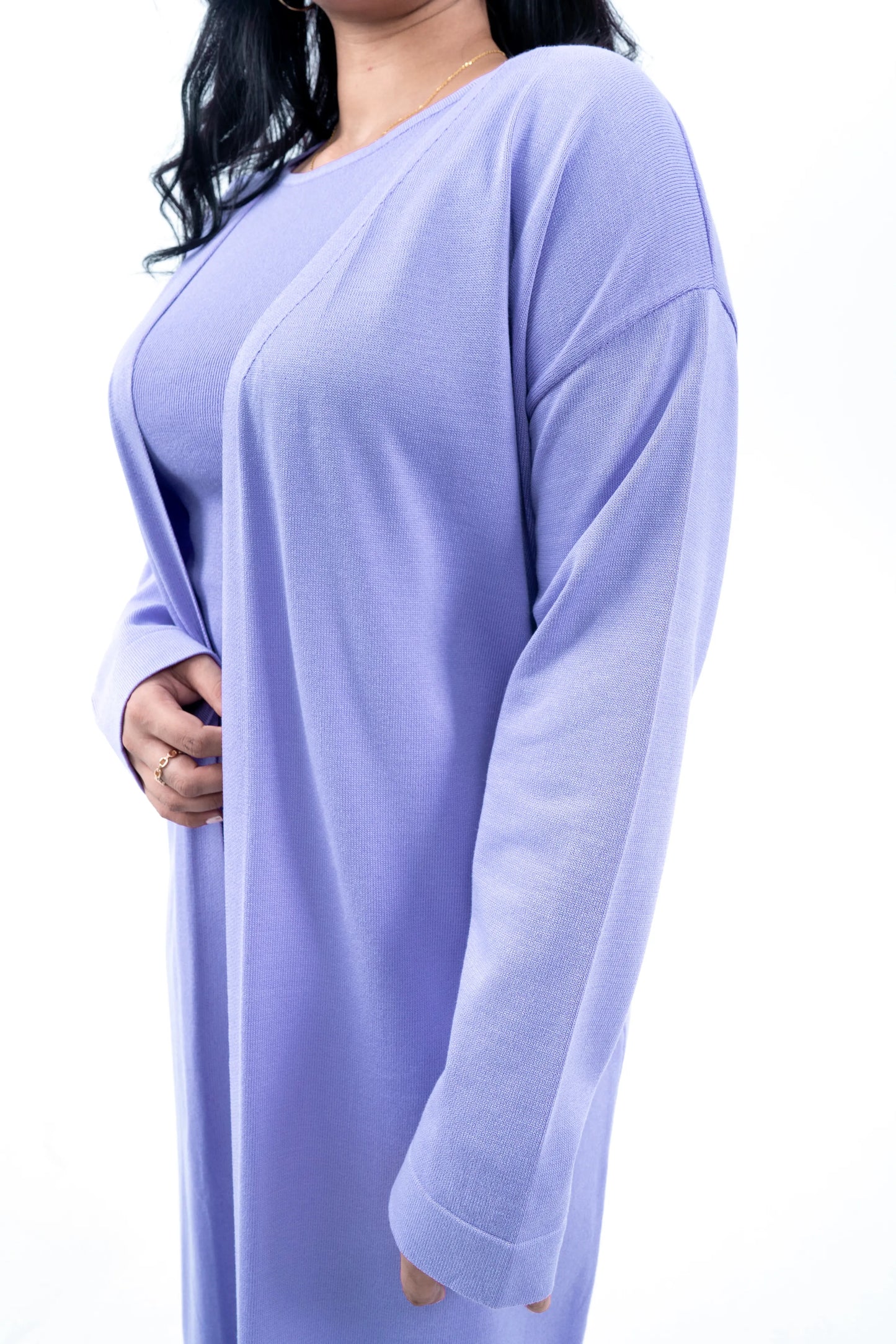 Women's Lilac Long Cardigan, Knit Top, and Pant Set