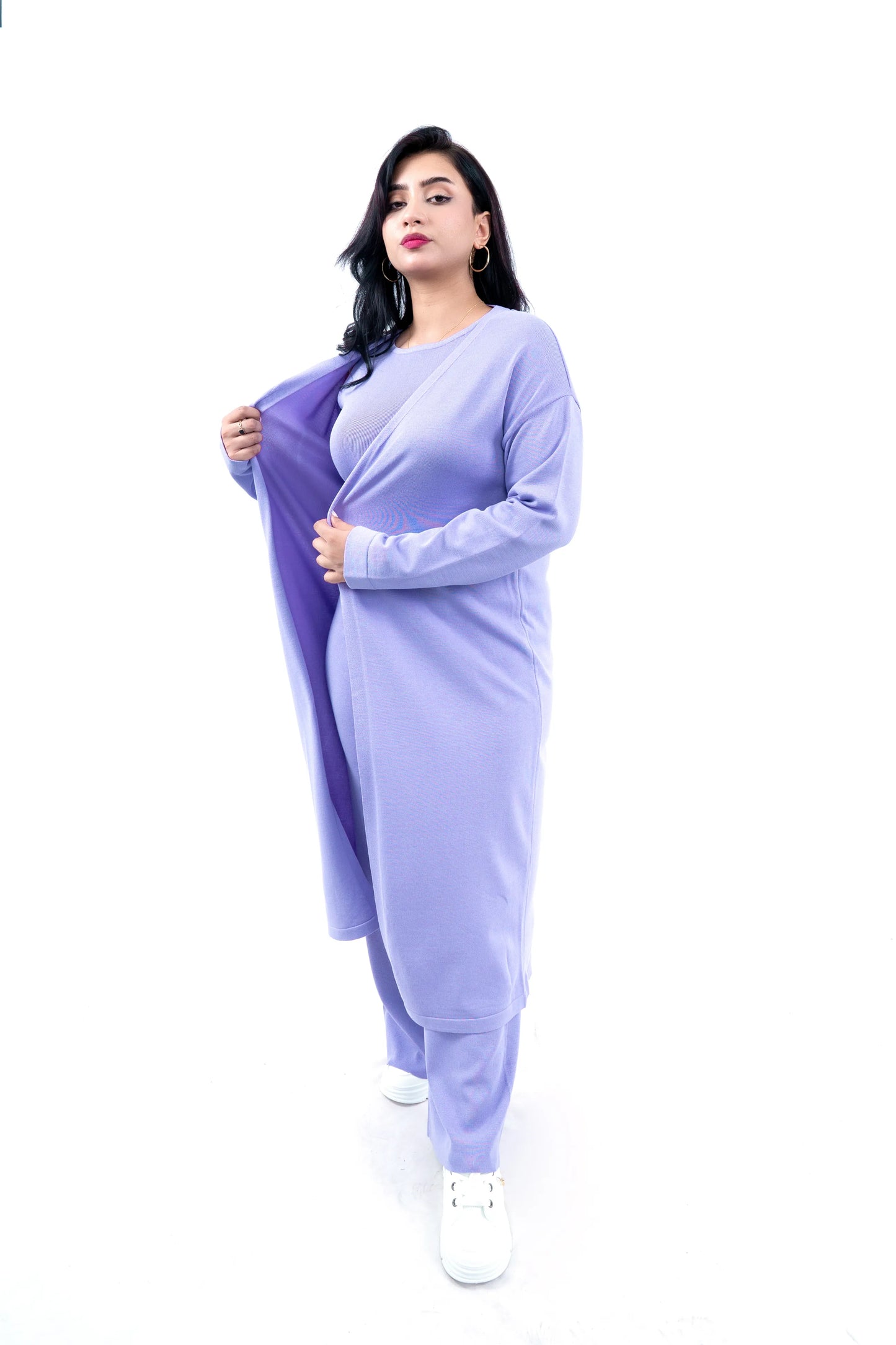 Women's Lilac Long Cardigan, Knit Top, and Pant Set