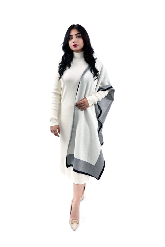 Women's Elegant Cream Knit Dress and Shawl Set