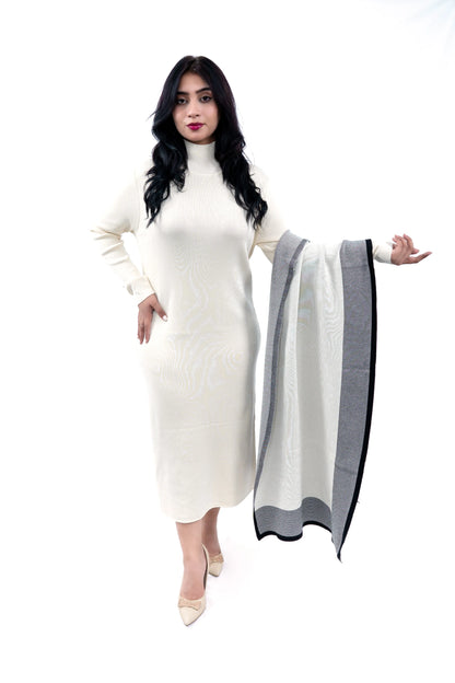 Women's Elegant Cream Knit Dress and Shawl Set