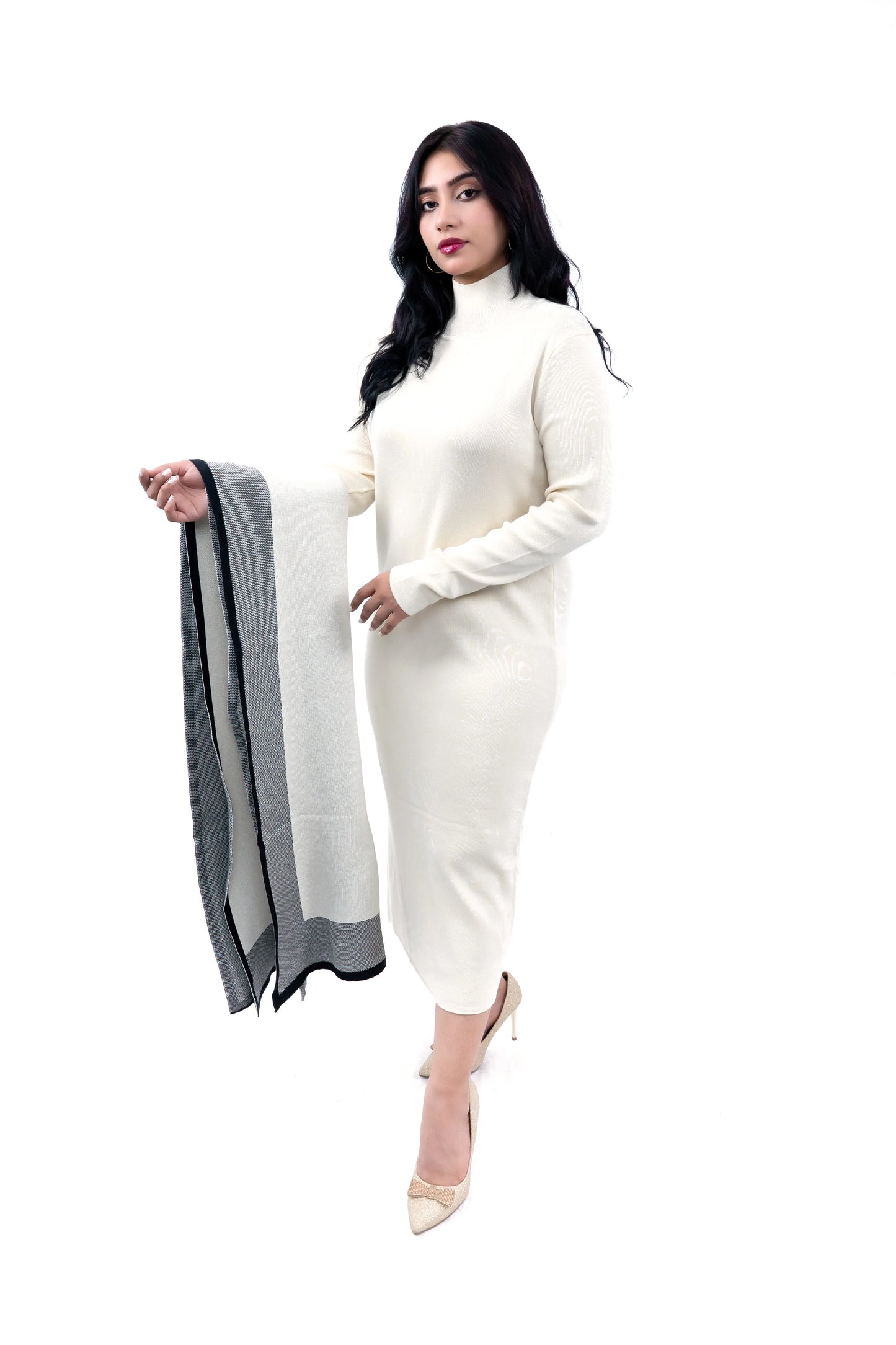 Women's Elegant Cream Knit Dress and Shawl Set