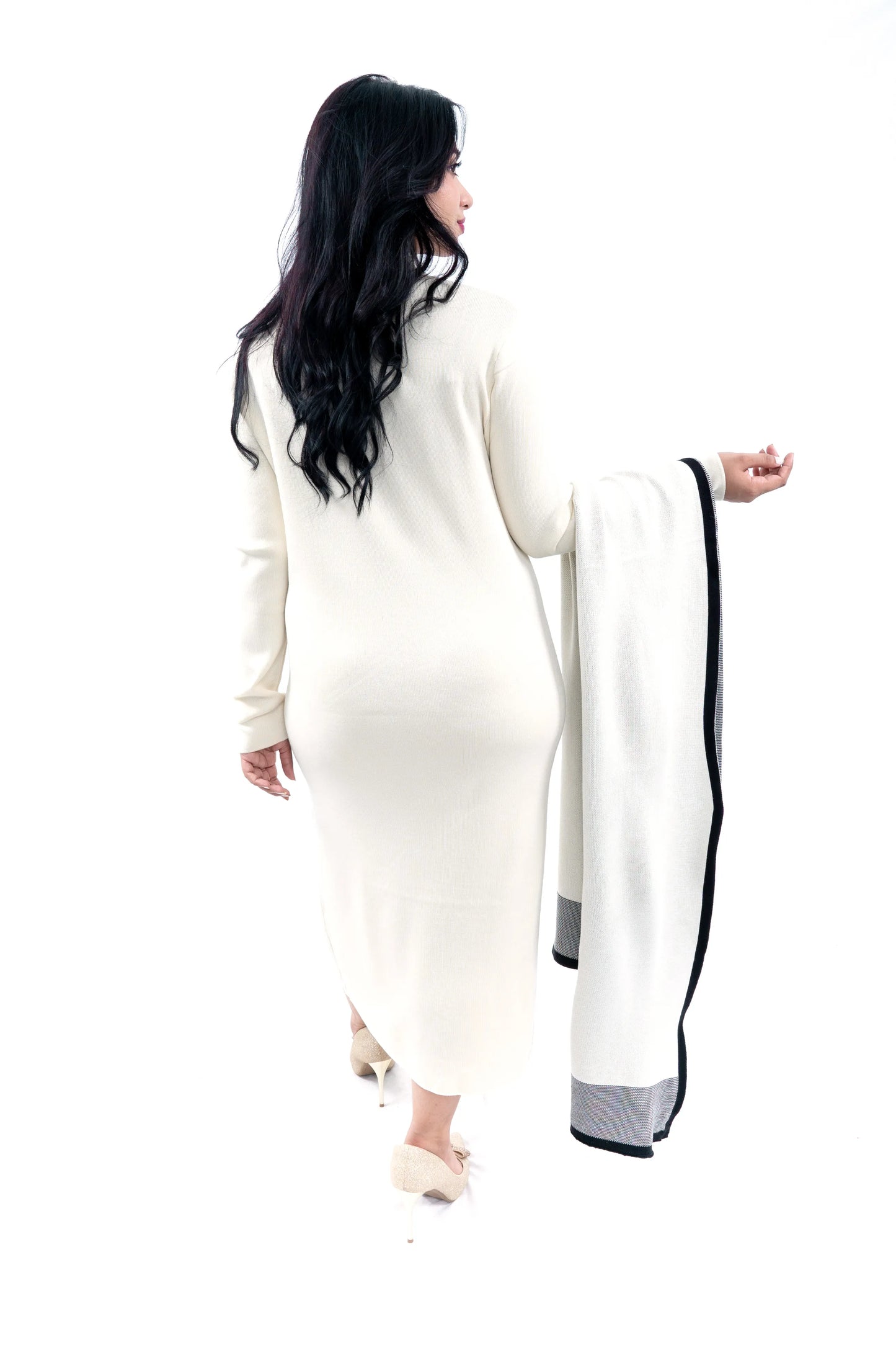 Women's Elegant Cream Knit Dress and Shawl Set