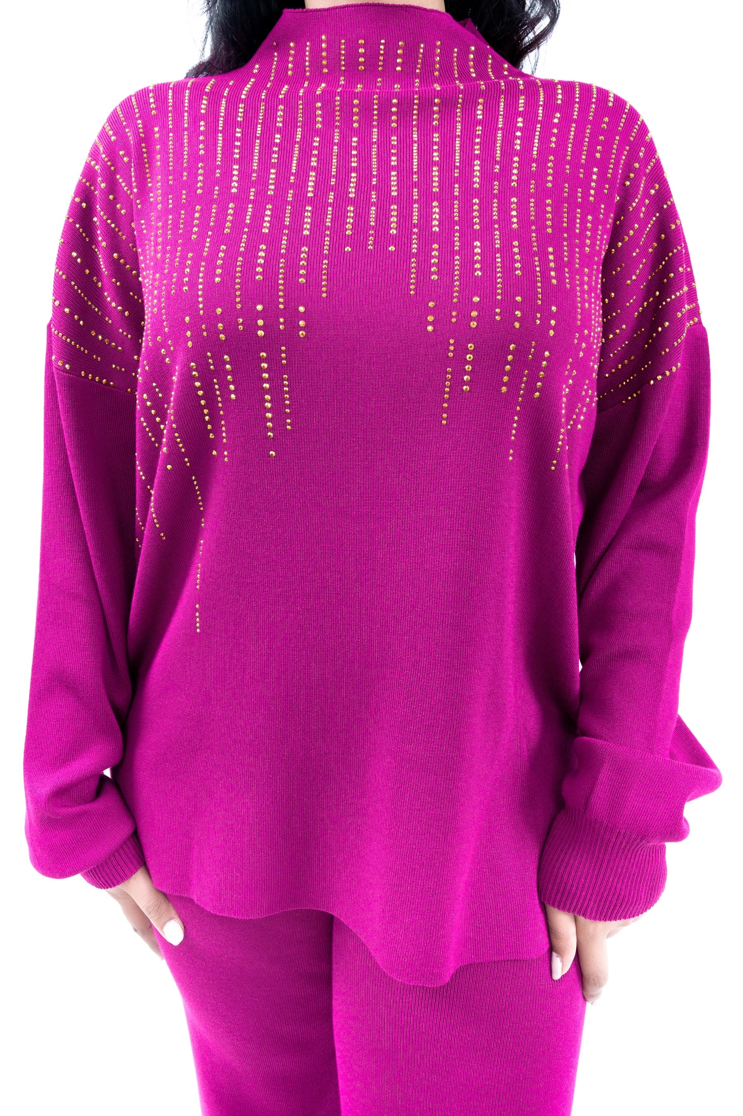 Women's Vibrant Magenta Knit Top and Pant Set with Gold Accent Detailing