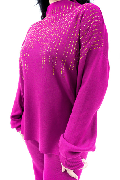 Women's Vibrant Magenta Knit Top and Pant Set with Gold Accent Detailing