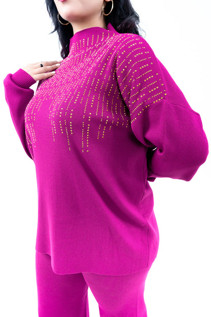 Women's Vibrant Magenta Knit Top and Pant Set with Gold Accent Detailing