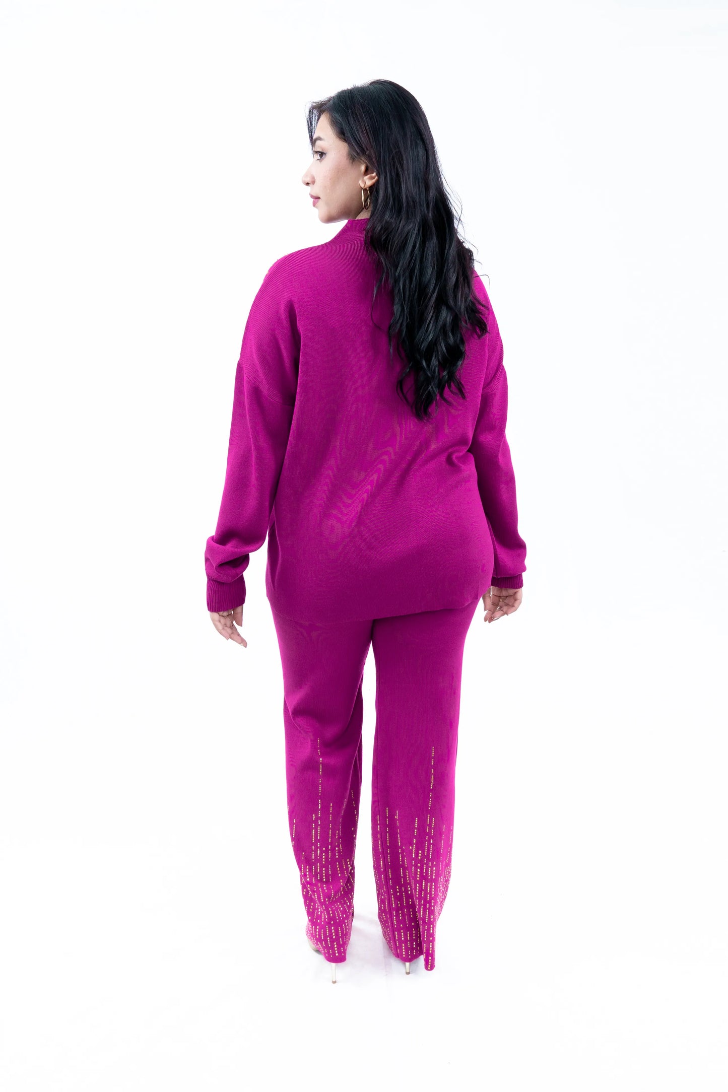 Women's Vibrant Magenta Knit Top and Pant Set with Gold Accent Detailing