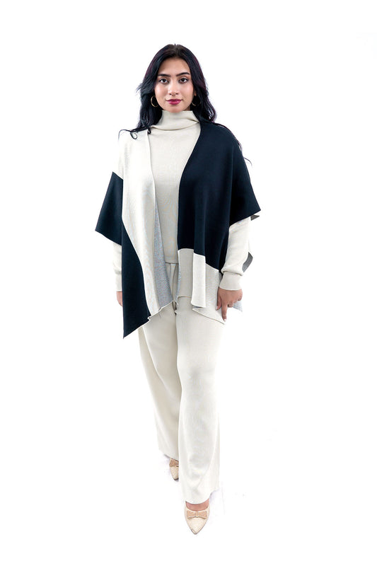 Women's Two-Tone Poncho and Knit Set - 3 Piece