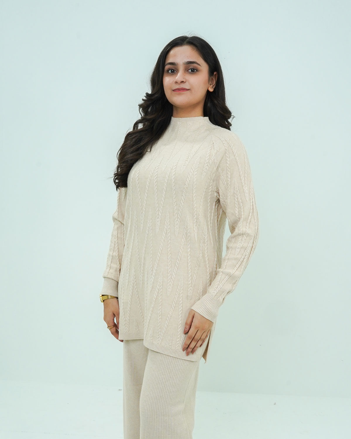 Cream Co-ord Set 2 piece - V Patterned