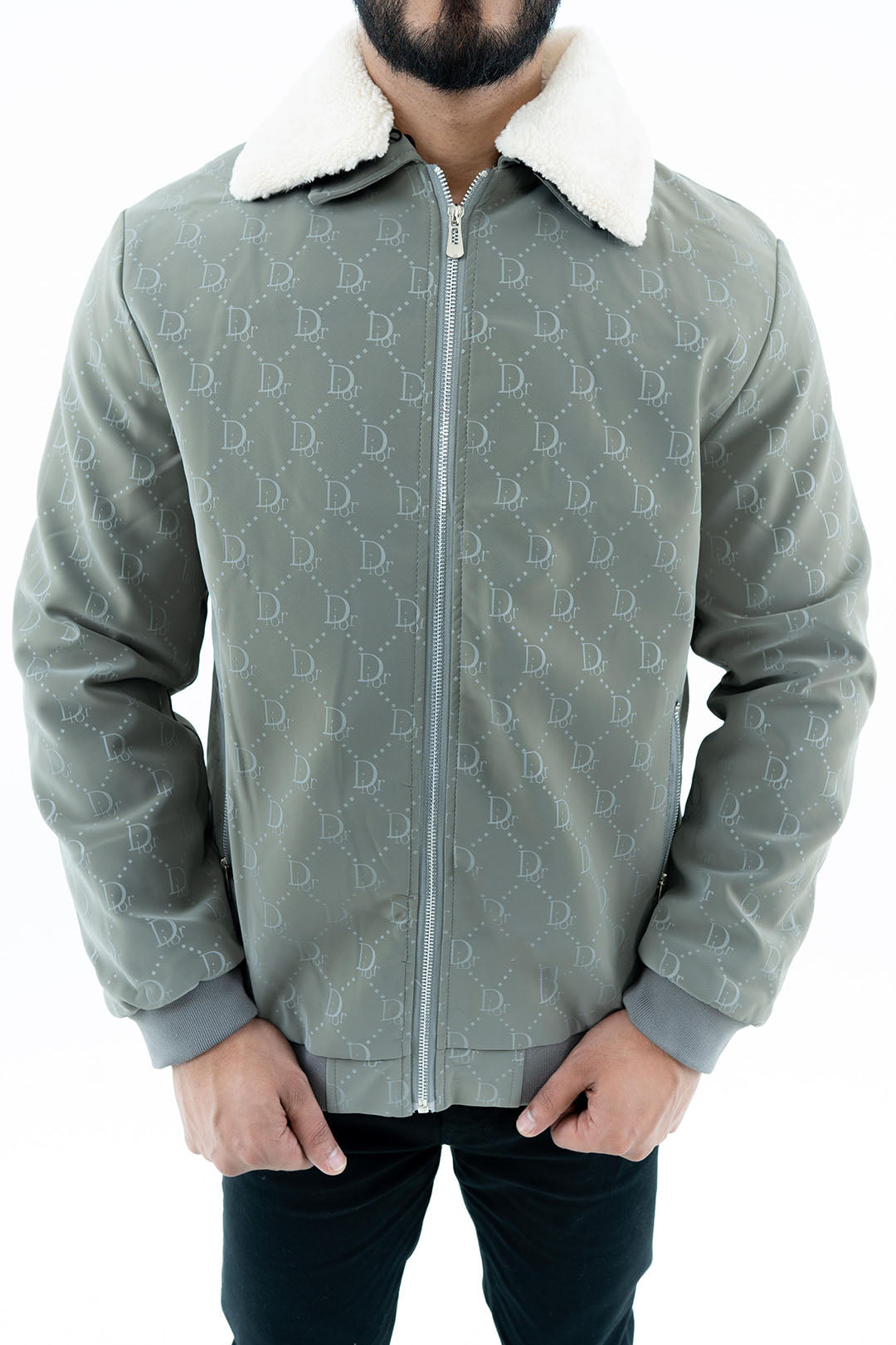 Men's Grey Bomber Jacket with Shearling Collar