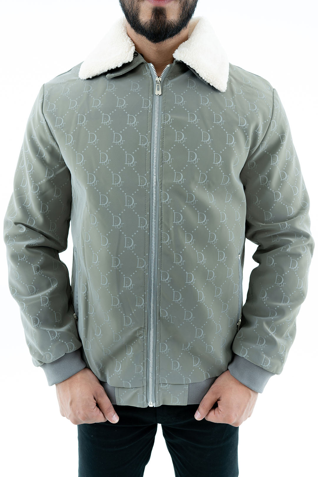 Men's Grey Bomber Jacket with Shearling Collar