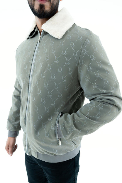 Men's Grey Bomber Jacket with Shearling Collar