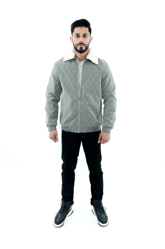 Men's Grey Bomber Jacket with Shearling Collar