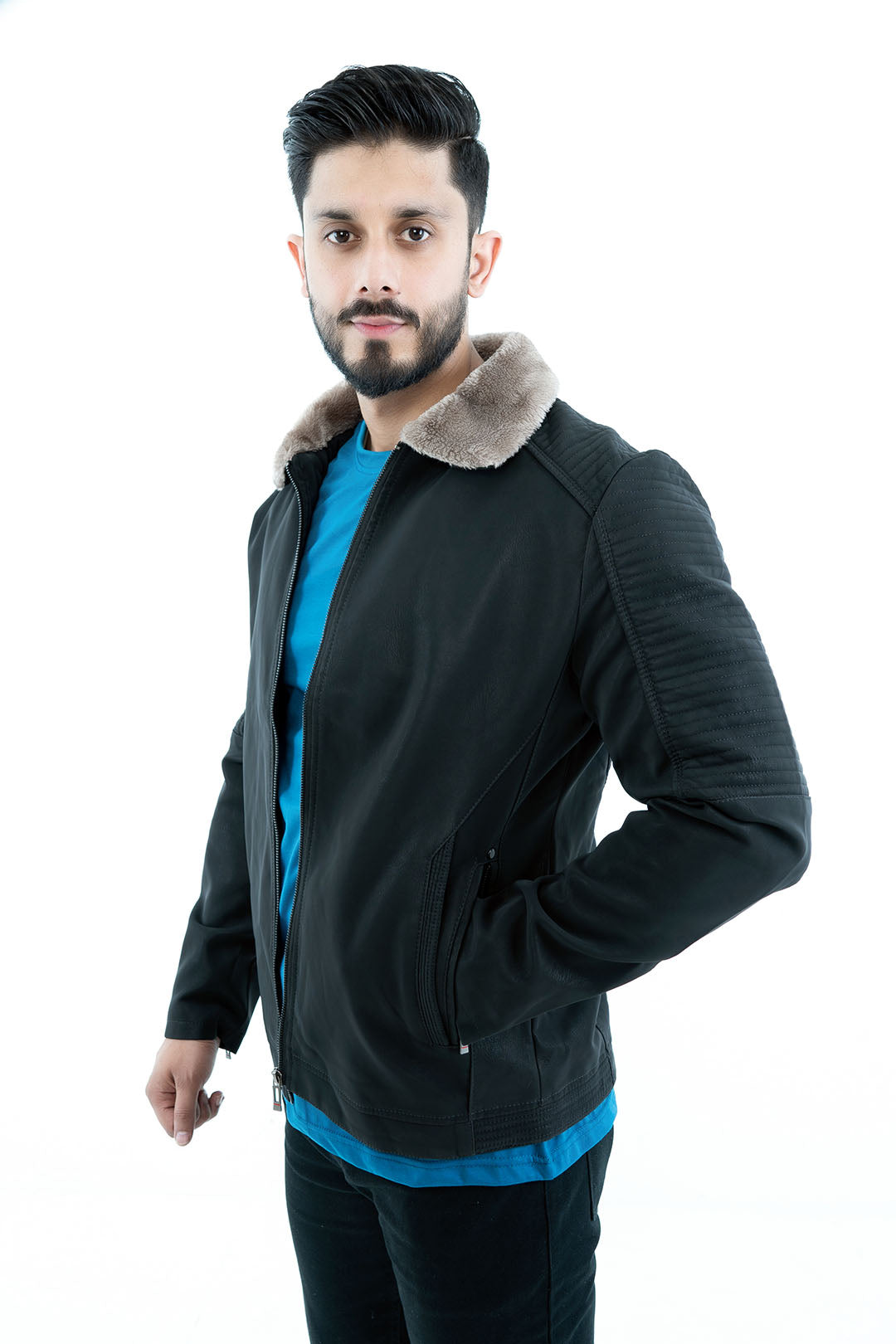 Men's Black Faux Leather Jacket with Fur Collar