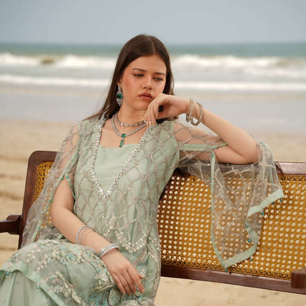 Ethereal Mint Green Heavily Embroidered Gharara Suit