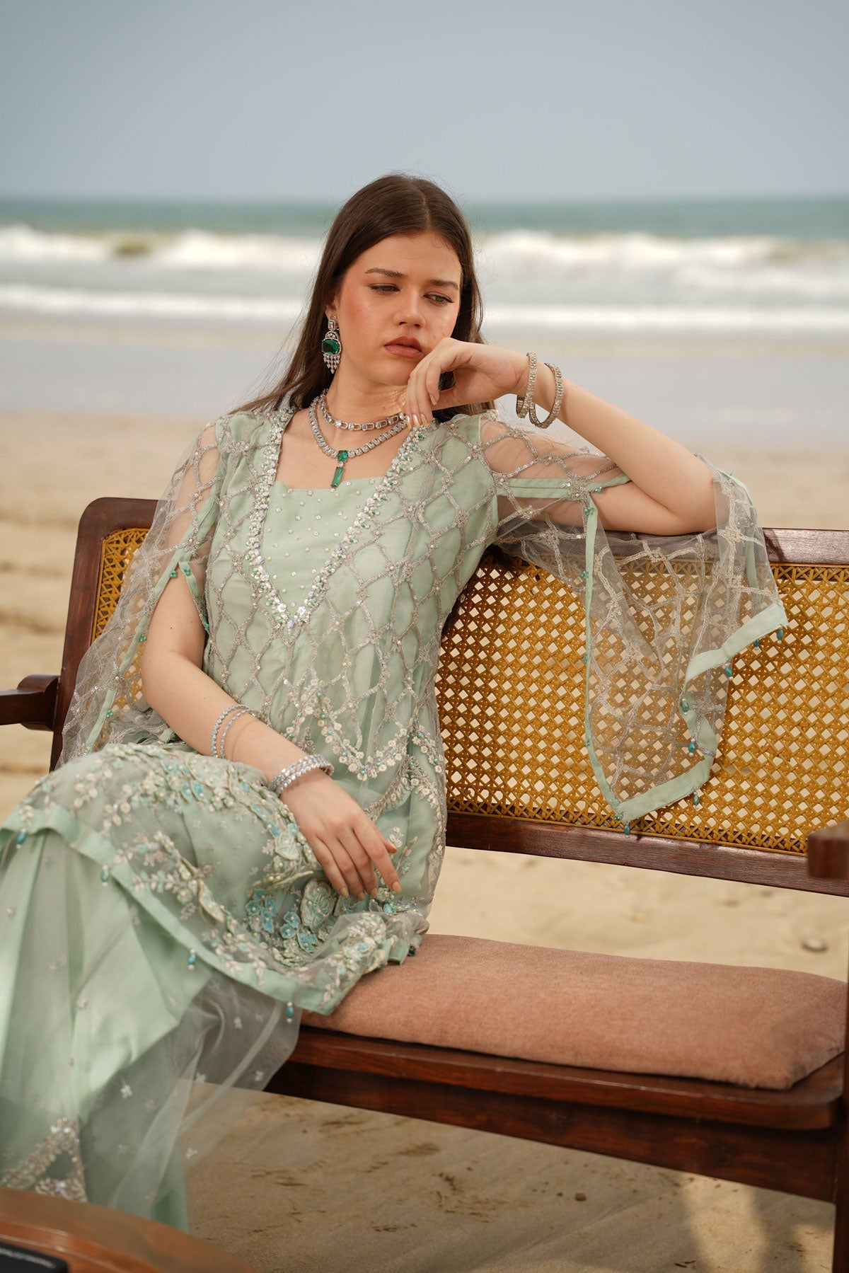 Ethereal Mint Green Heavily Embroidered Gharara Suit