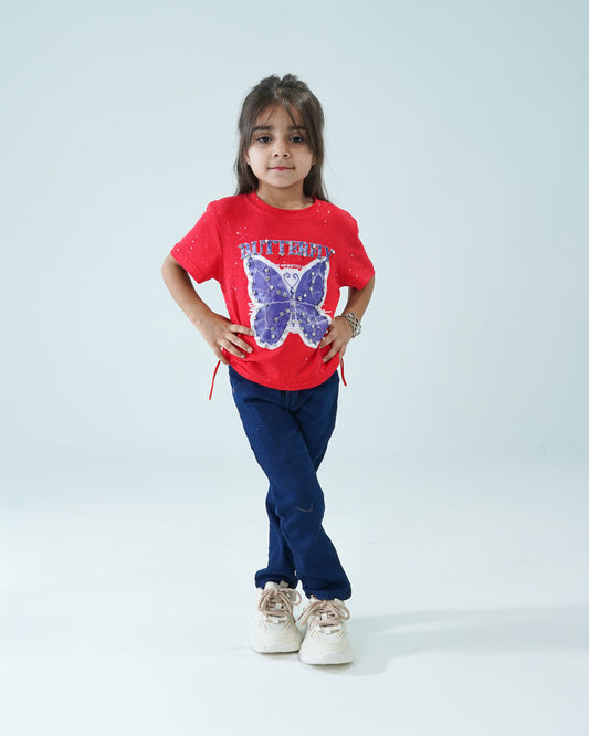 Girls Red Shirt with butterfy print