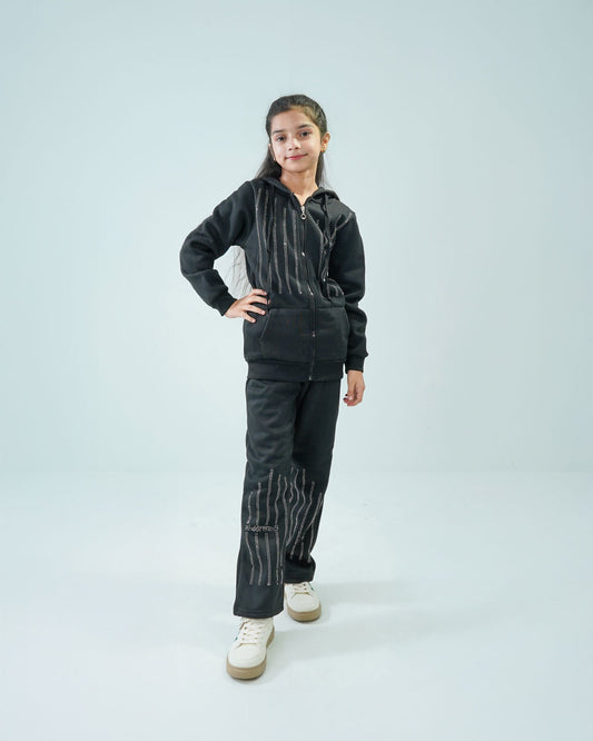 Girls' Black Embroidered Hoodie Tracksuit