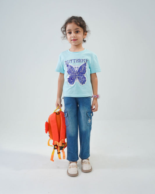 Girls' Blue Butterfly Print T-Shirt