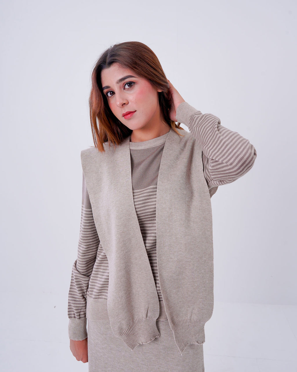 Layered 3-Piece Ribbed Knit Sweater & Maxi Skirt Set with Vest