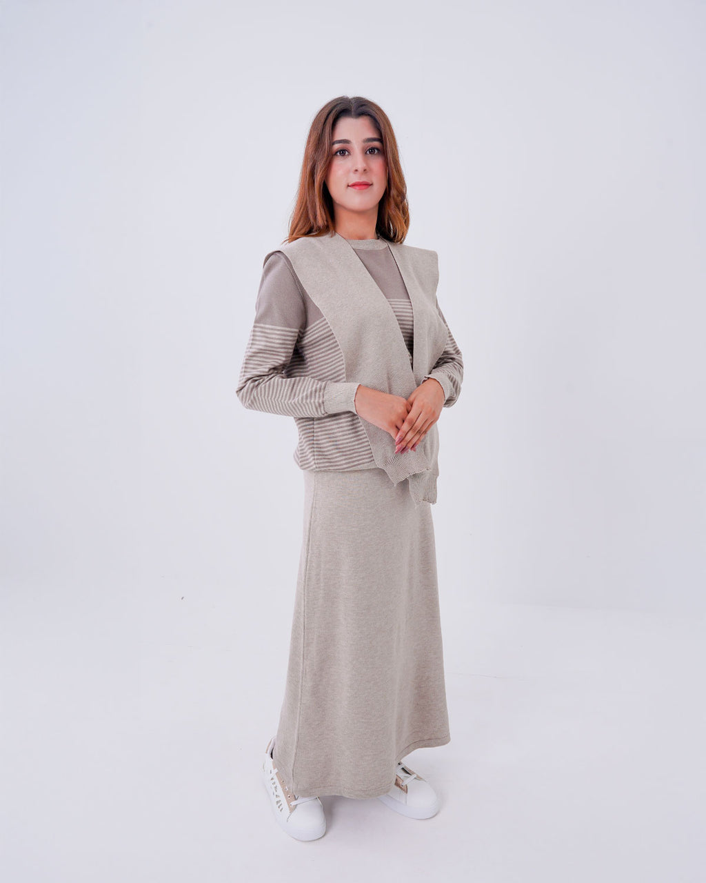 Layered 3-Piece Ribbed Knit Sweater & Maxi Skirt Set with Vest