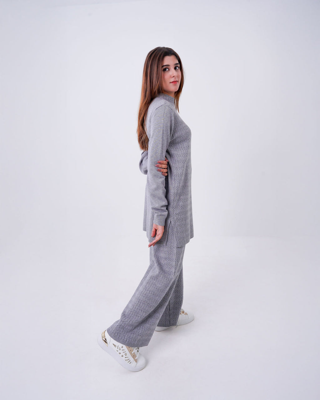 Women’s 2-Piece box pattern Knit Lounge Co-ord Set grey