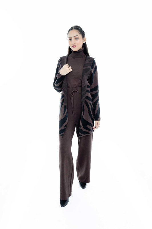 Chocolate Brown Zebra-Print 3-Piece Set for an Elegant Look