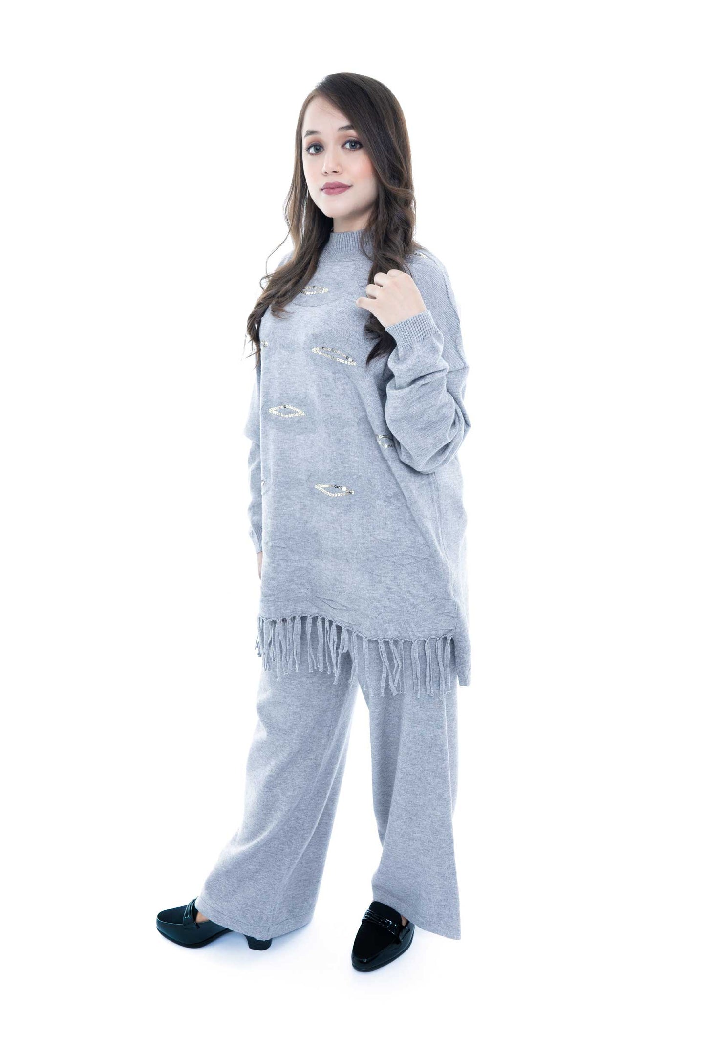 Fringe Accent Gray Knit Lounge Set - 2 Piece