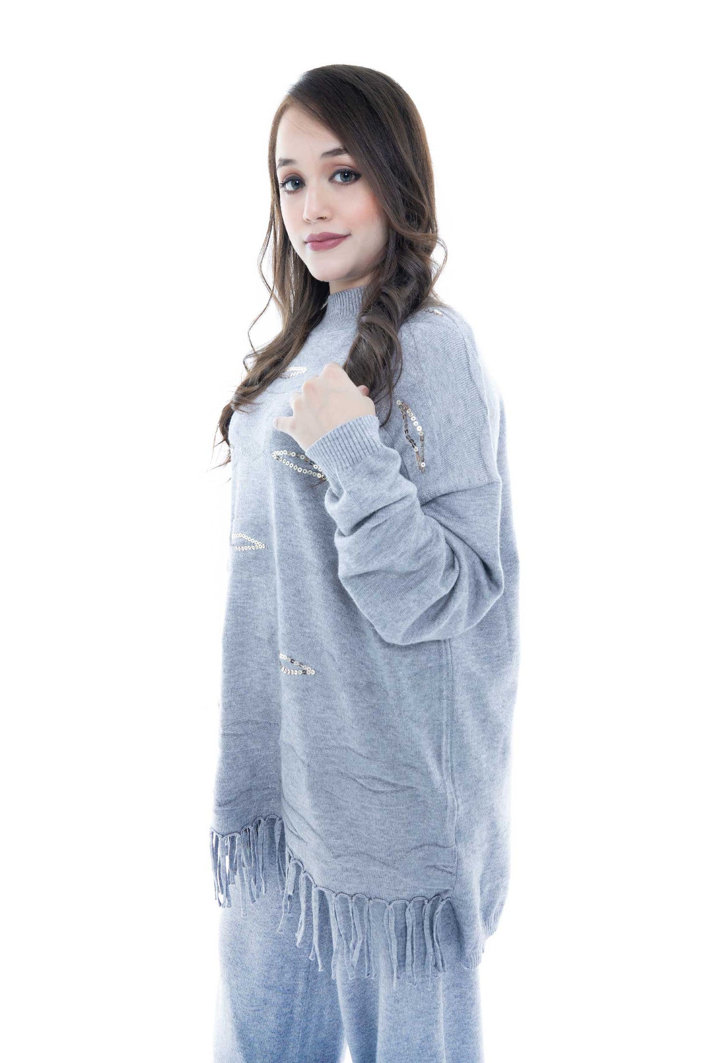 Fringe Accent Gray Knit Lounge Set - 2 Piece