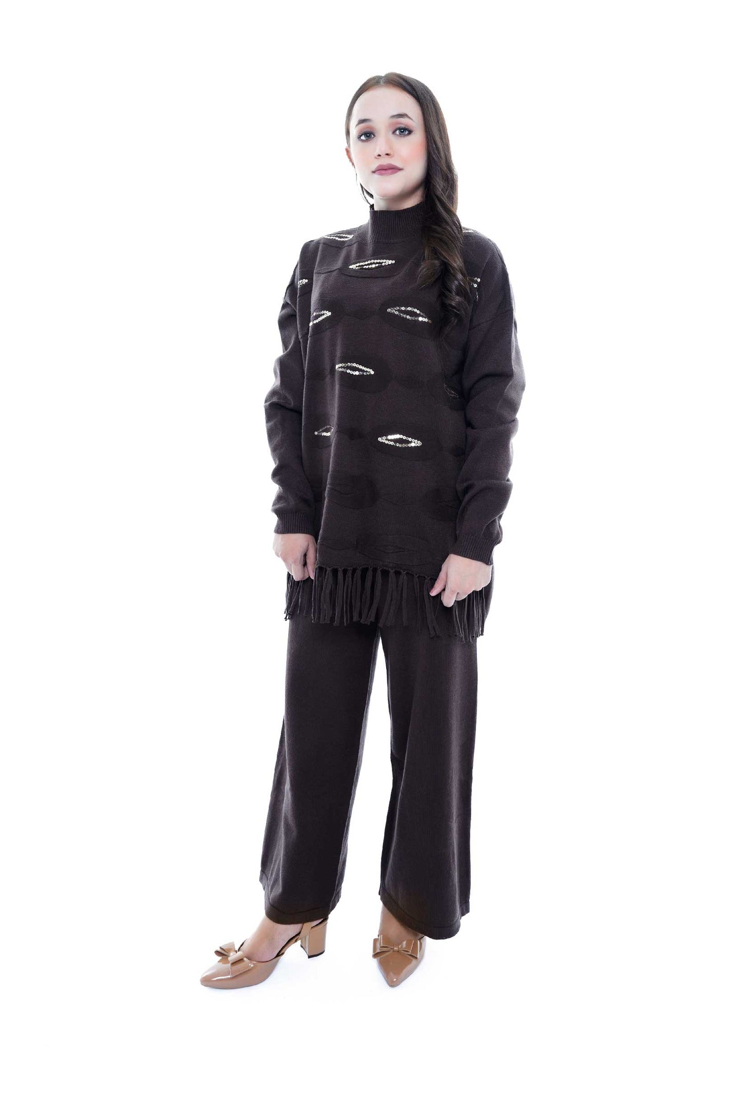 Women's Dark Brown Fringe Knit Set