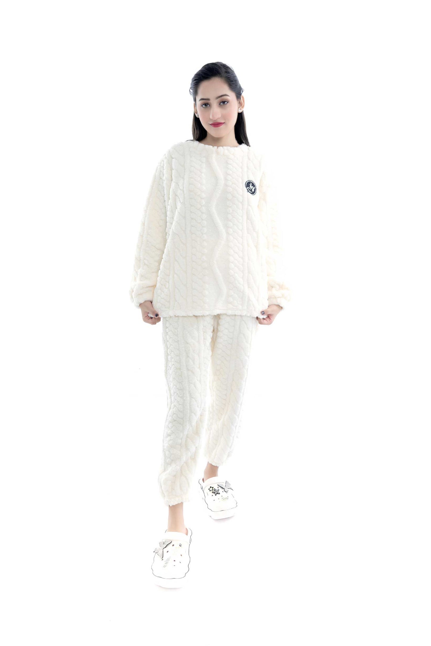 Elegant White Cable Knit Lounge Set - 2 Piece