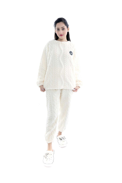 Elegant White Cable Knit Lounge Set - 2 Piece