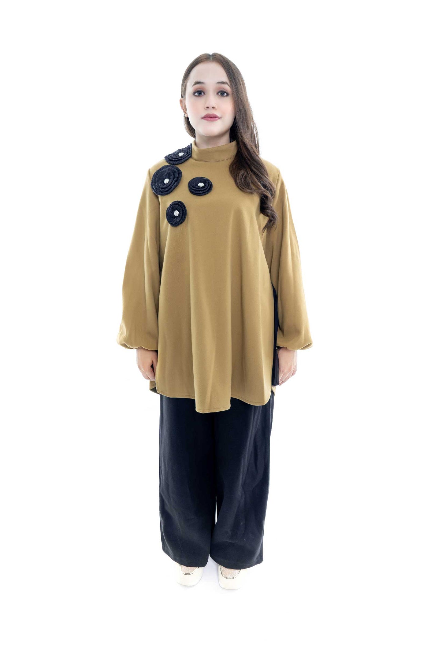 Elegant Mustard Tunic with Black Embellished Accents - 2 Piece