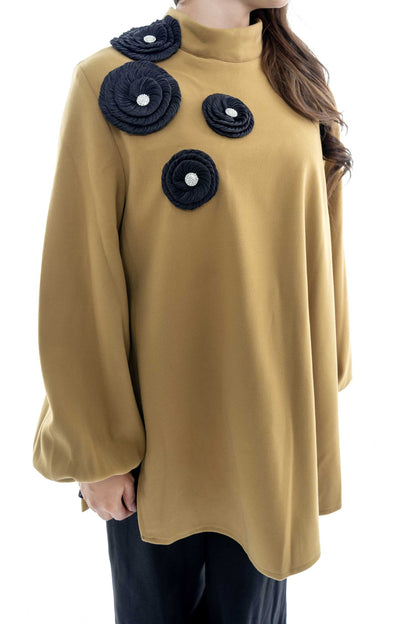 Elegant Mustard Tunic with Black Embellished Accents - 2 Piece