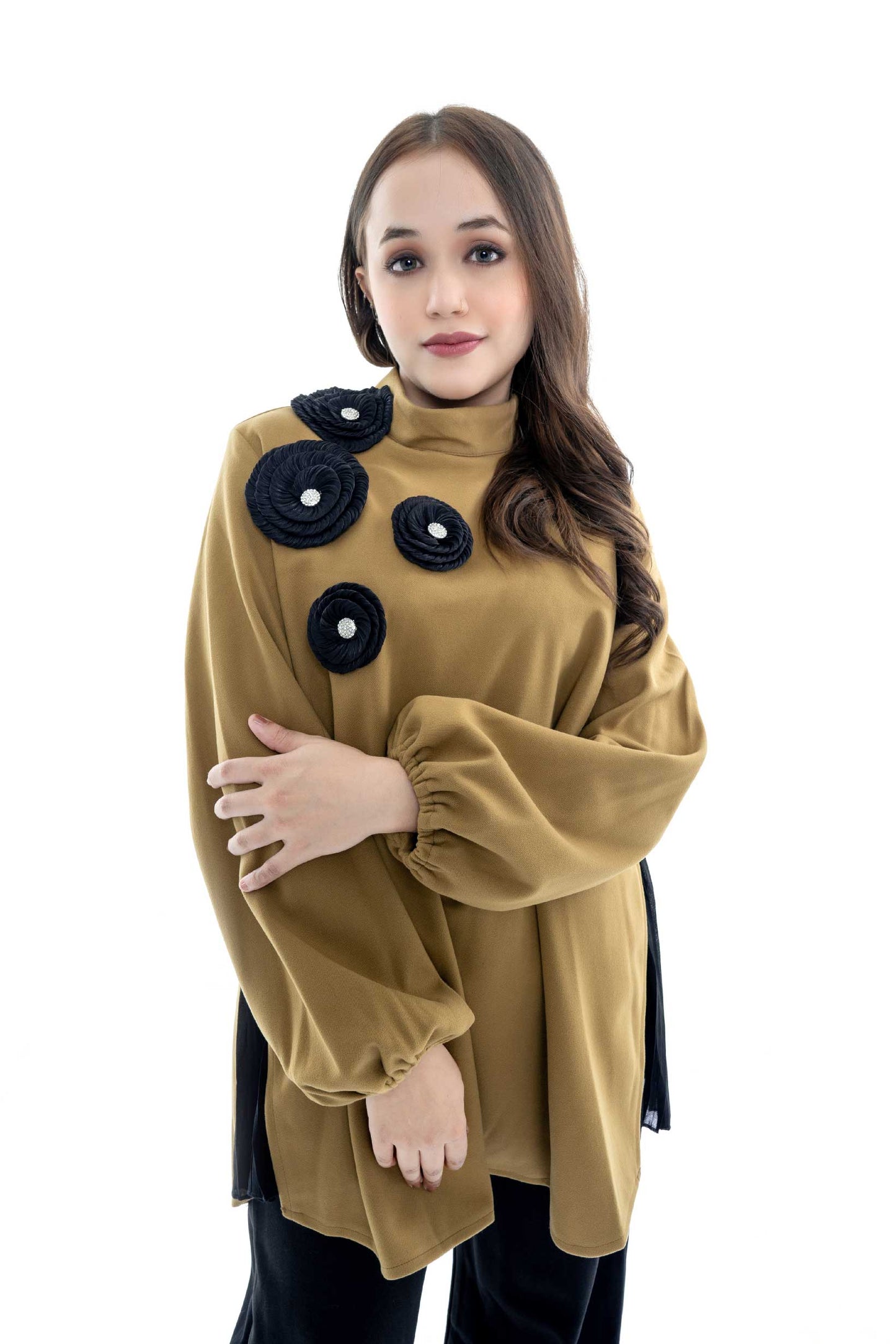 Elegant Mustard Tunic with Black Embellished Accents - 2 Piece