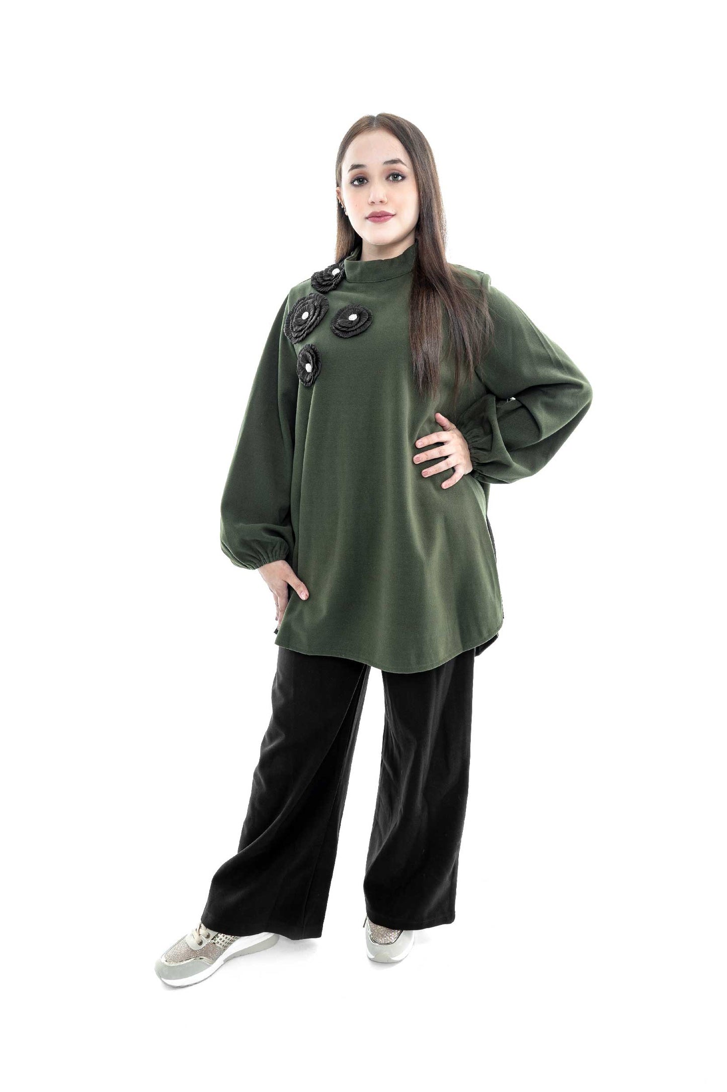 Green Embellished Tunic with Black Wide-Leg Pants