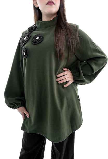 Green Embellished Tunic with Black Wide-Leg Pants