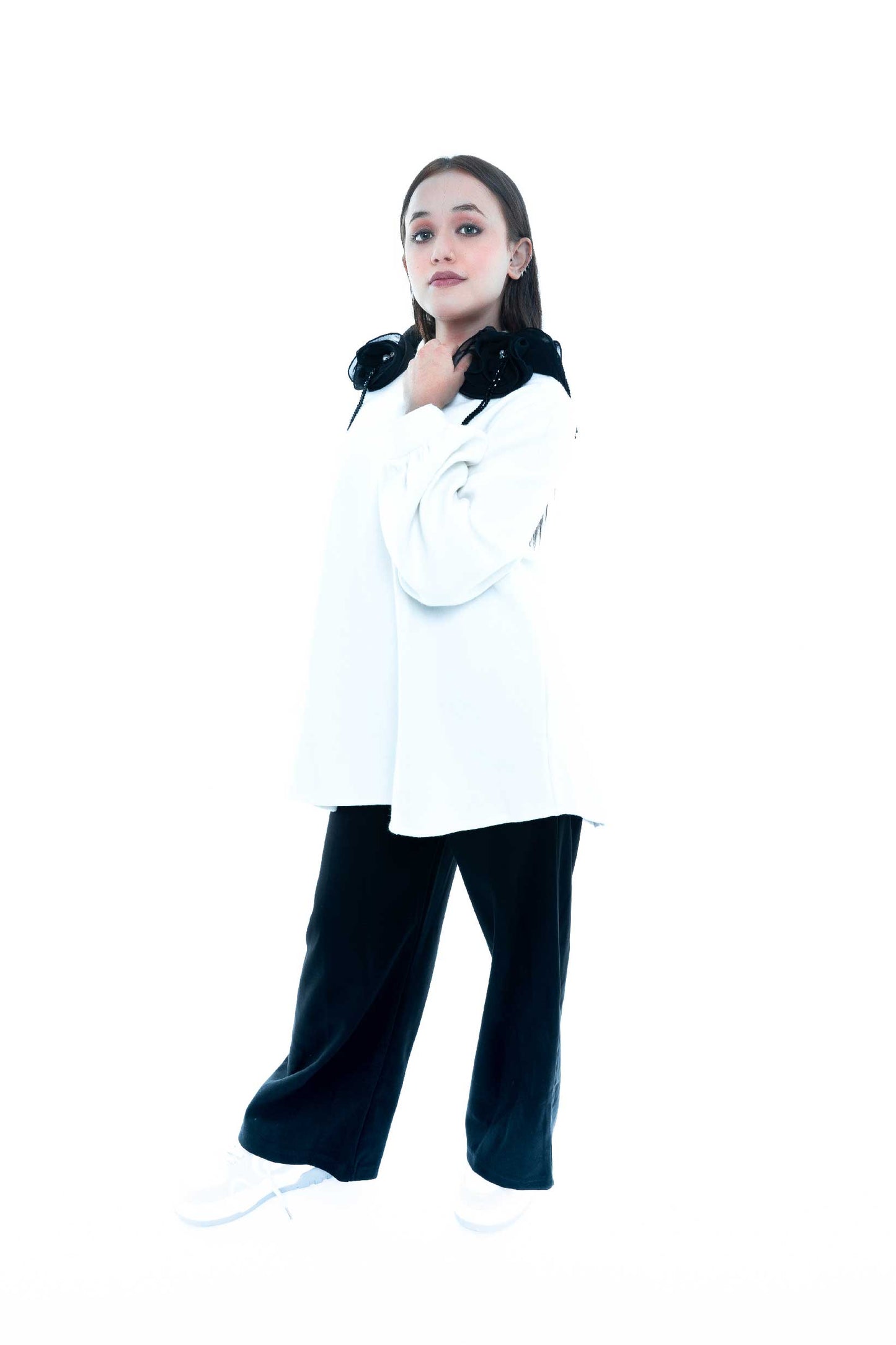 White Tunic with Black Floral Shoulder Embellishments