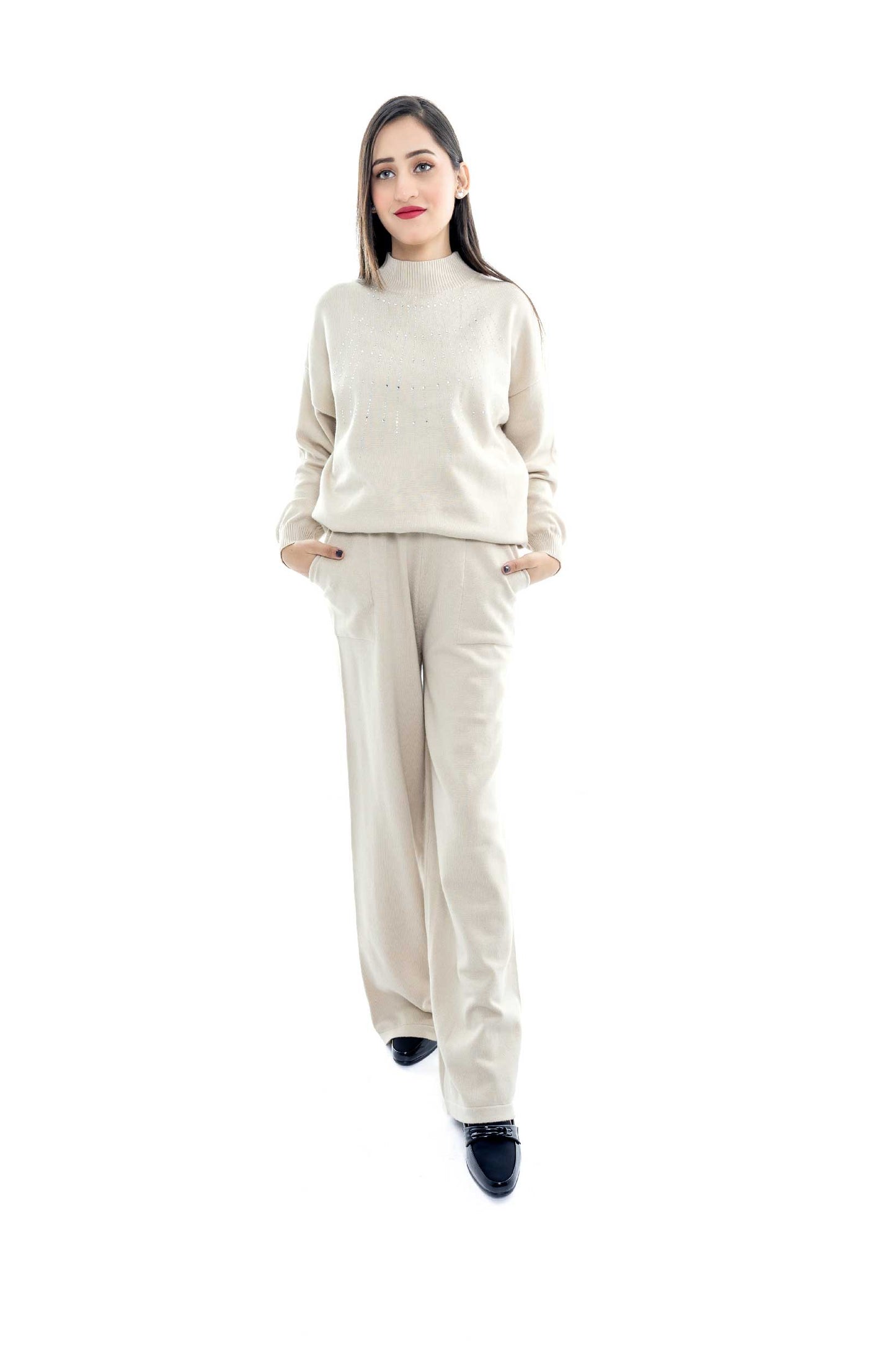 Elegant Beige Knit Loungewear Set - 2 Piece