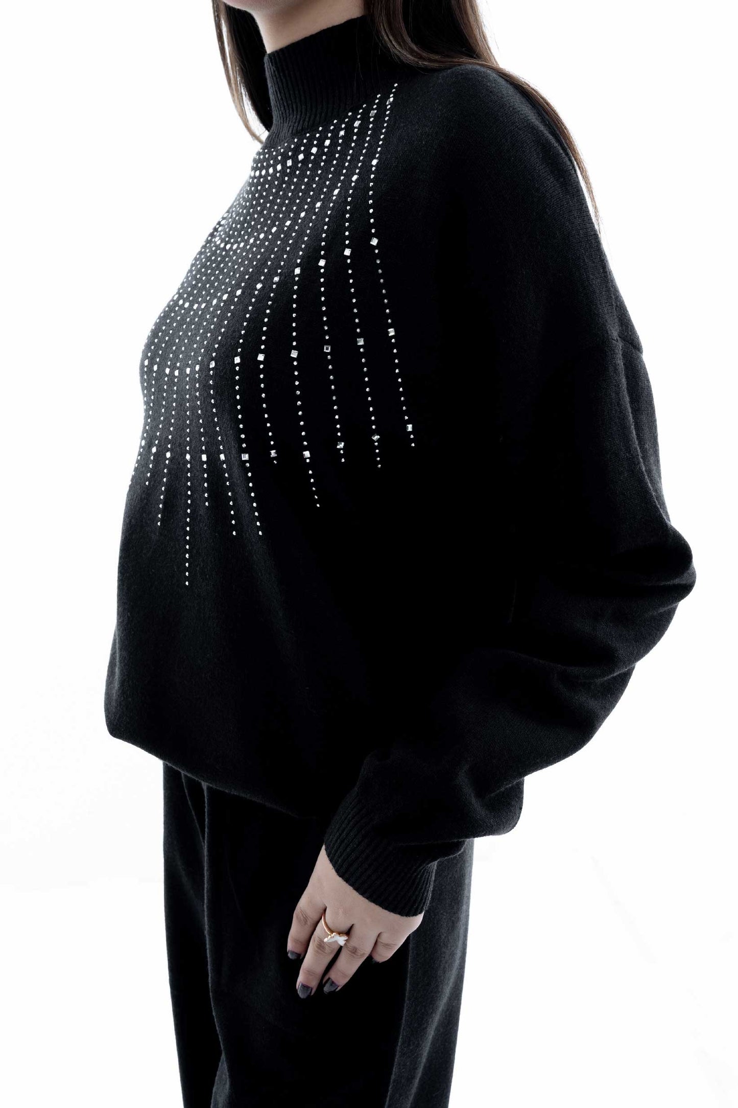 Elegant Black Winter Sweatshirt with Studded Design