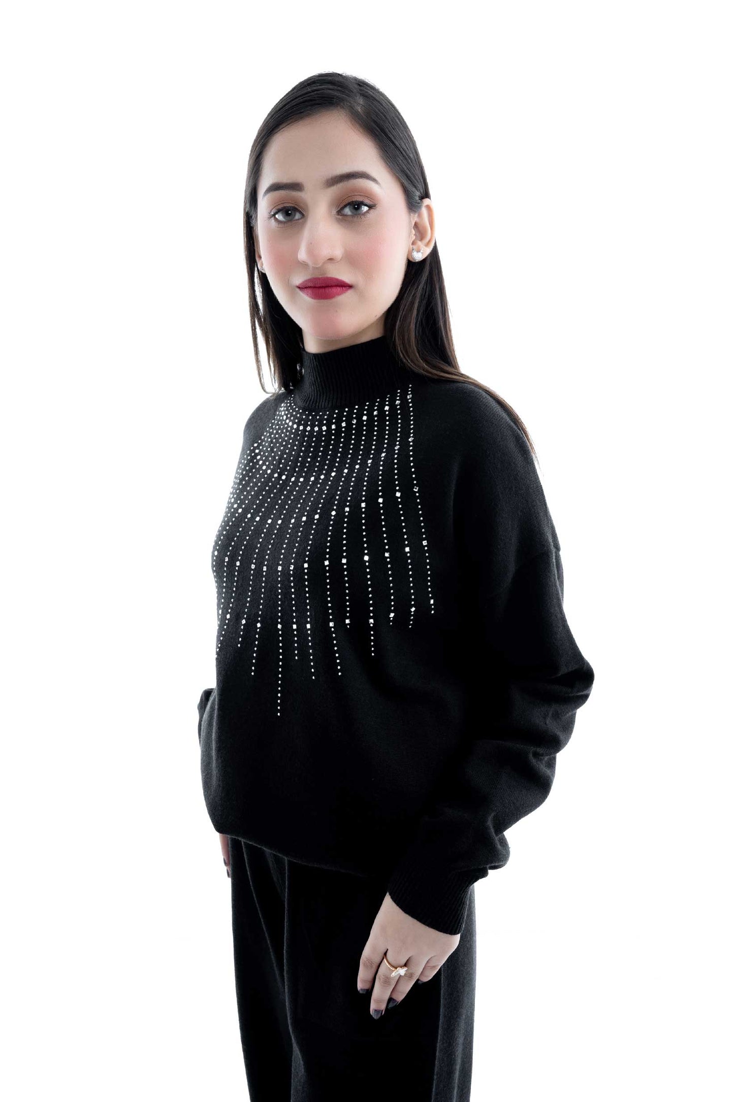 Elegant Black Winter Sweatshirt with Studded Design