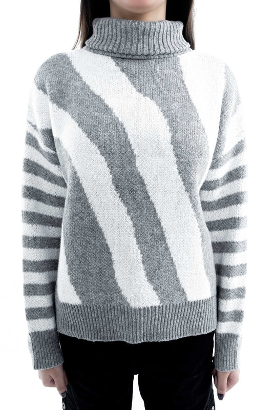 Grey and White Striped Turtleneck Sweater