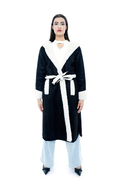 Black Coat with White Fur Trim and Belted Design