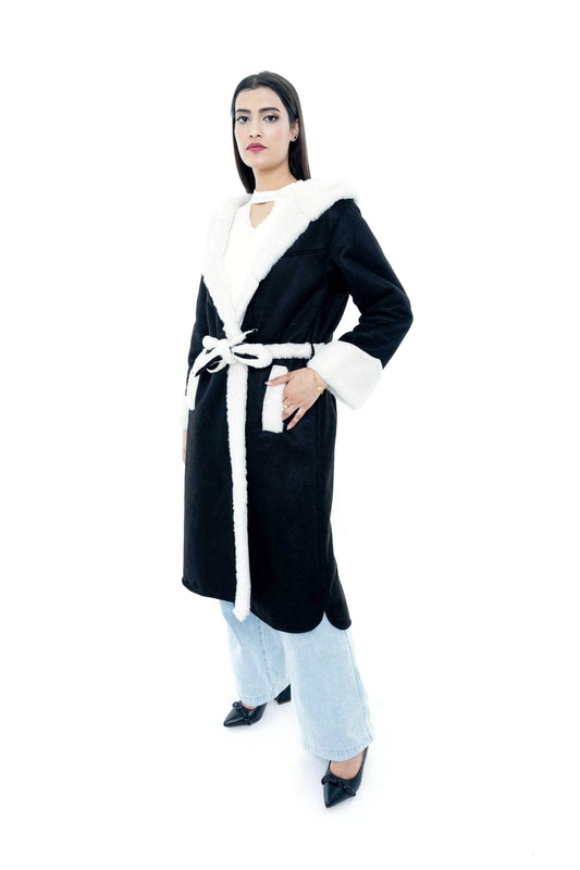 Black Coat with White Fur Trim and Belted Design