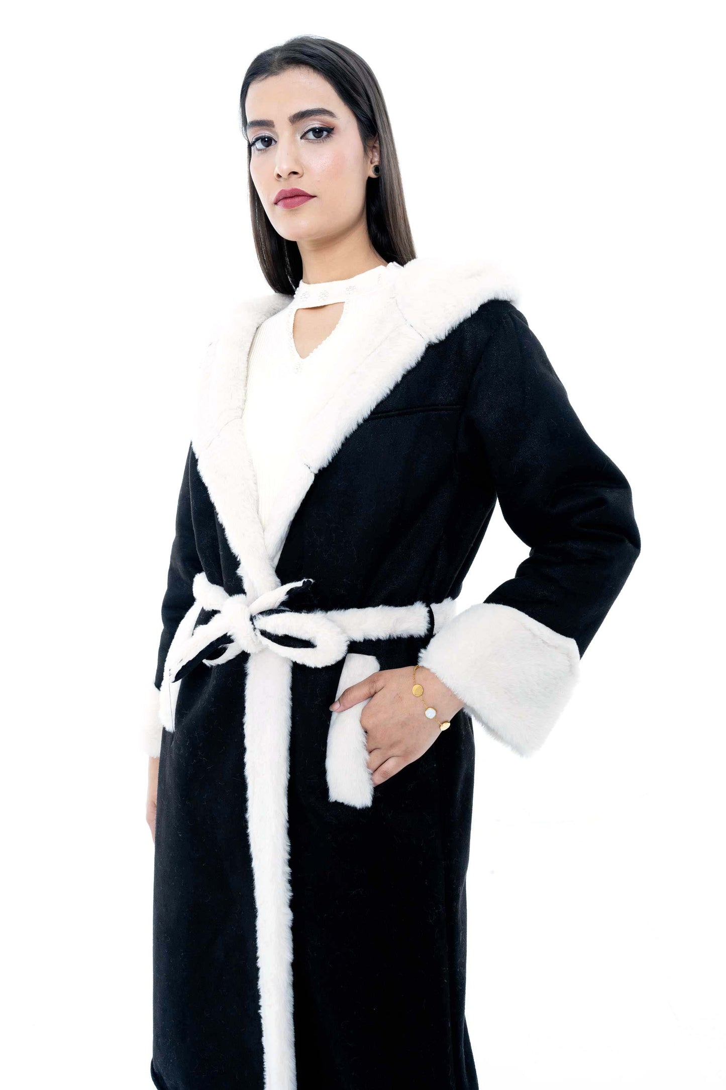 Black Coat with White Fur Trim and Belted Design