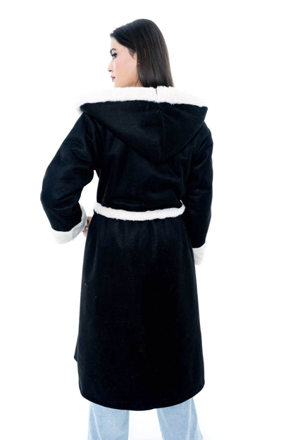 Black Coat with White Fur Trim and Belted Design